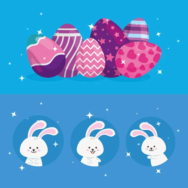 Cute rabbits with eggs easter decorated — Stock Vector