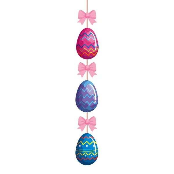 Cute eggs easter decorated hanging with bow ribbon — Stock Vector