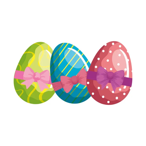 Cute eggs easter decorated waves lines and bow ribbon — Stok Vektör