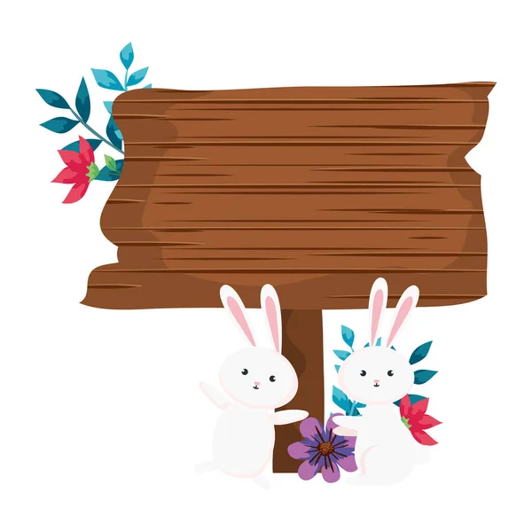 Façon signal en bois avec des lapins et des fleurs — Image vectorielle
