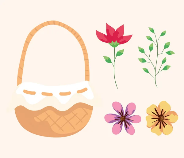 Set of basket wicker with flowers and leafs — Stock Vector