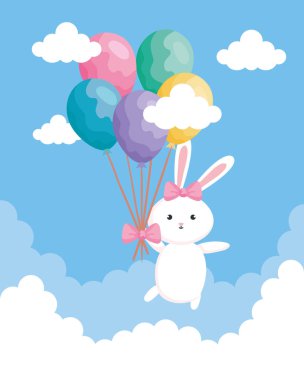 cute rabbit with balloons helium in sky
