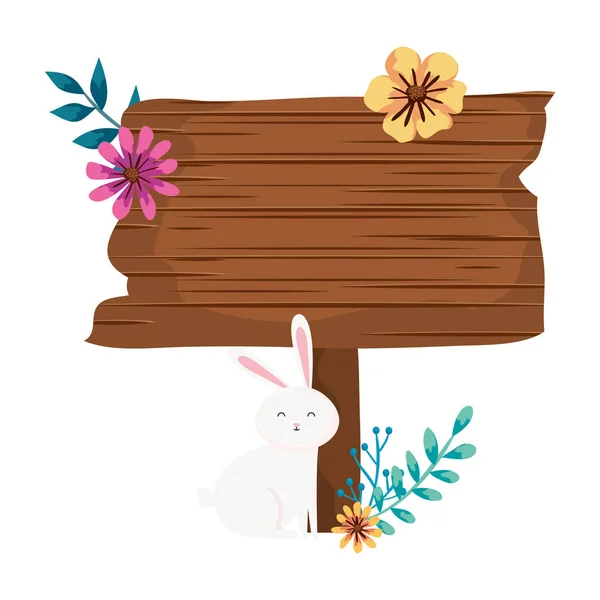 Señal camino de madera con conejo y flores — Vector de stock