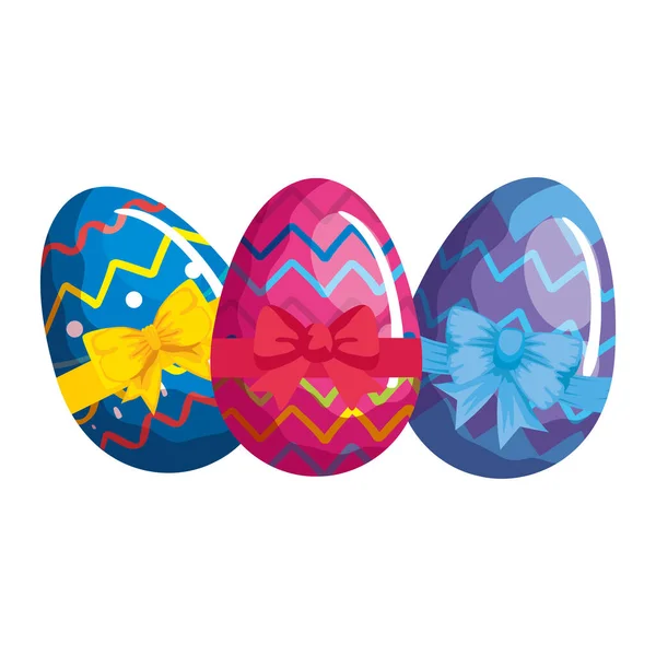 Cute eggs easter decorated with geometric lines and bow ribbon — Stok Vektör