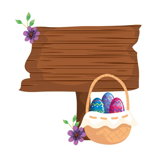 Señal camino de madera con huevos Pascua y flor — Vector de stock