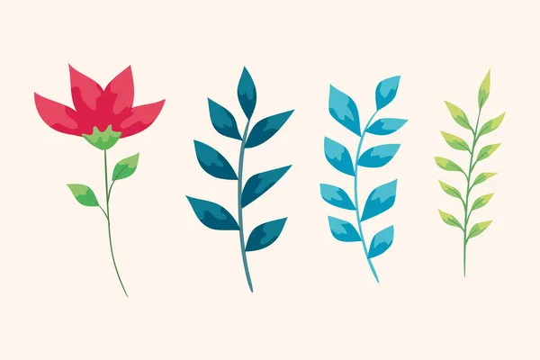 Set of cute flower and branches with leafs — Stockvektor