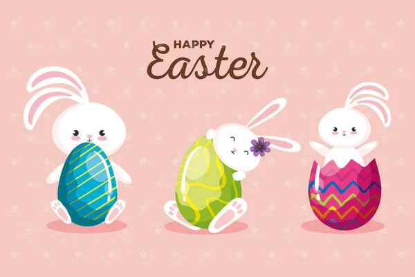Happy easter card with rabbits and eggs decorated — Stockvektor