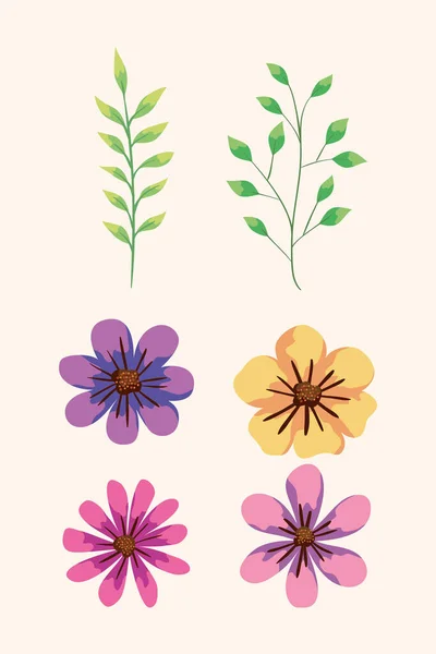 Set of cute flowers and branches with leafs — Stockvector