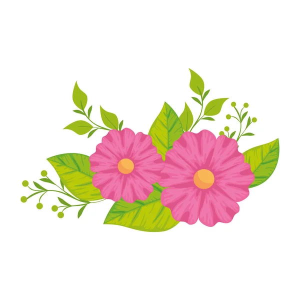 Χαριτωμένα λουλούδια με φύλλα απομονωμένο εικονίδιο — Διανυσματικό Αρχείο