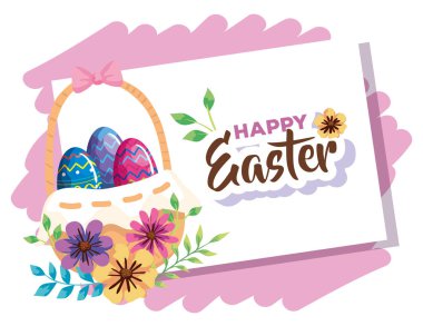 happy easter card with eggs decorated in basket wicker