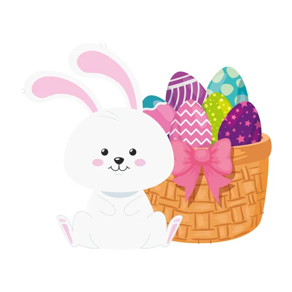 Rabbit and cute eggs easter decorated with basket wicker — Stock Vector