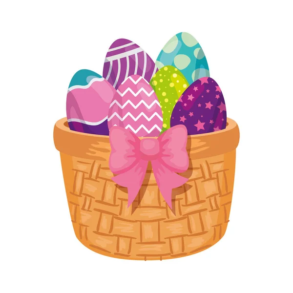 Cute eggs easter decorated in basket wicker — Stock Vector