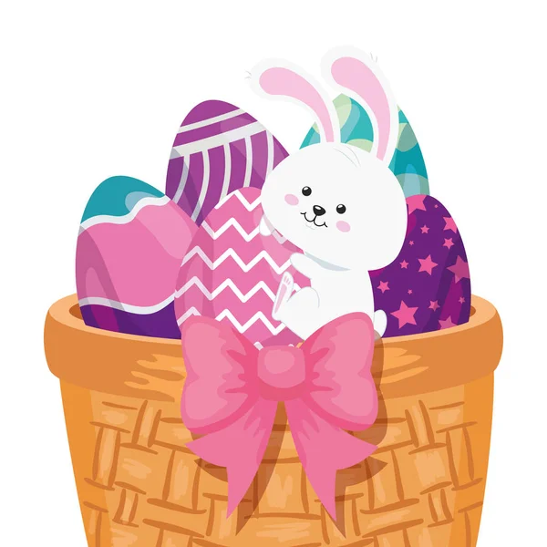 Rabbit and cute eggs easter decorated in basket wicker — Stock Vector