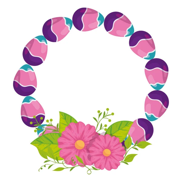 Cadre circulaire d'oeufs Pâques décoré et fleurs — Image vectorielle