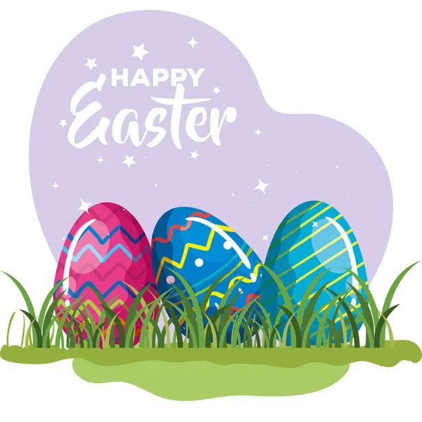 Happy easter card with eggs decorated in grass — Stockvector