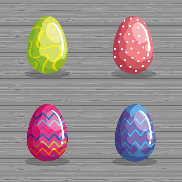 Set uova pasqua decorato in fondo di legno — Vettoriale Stock