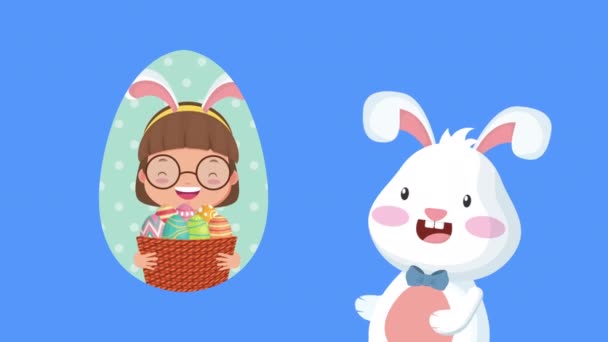 Szczęśliwy Wielkanoc animowana karta z małą dziewczynką i królikiem — Wideo stockowe