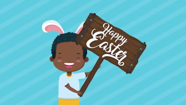 Gelukkig Pasen geanimeerde kaart met afro kleine jongen met behulp van konijn oren — Stockvideo