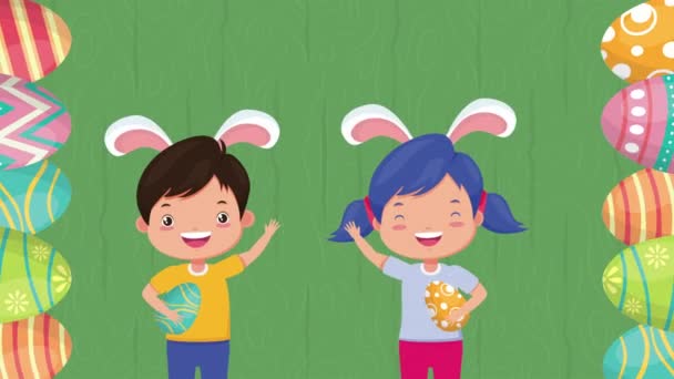 boldog húsvéti animációs kártya kisgyerekekkel és tojással festett