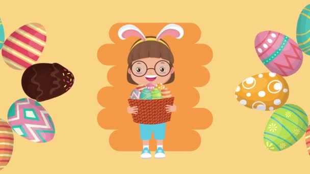 Felice pasqua animato carta con bambina utilizzando orecchie di coniglio — Video Stock