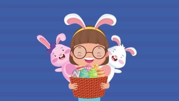 Tarjeta animada pascua feliz con niña usando orejas de conejo — Vídeo de stock