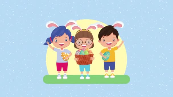 Happy easter animated card with little kids and eggs painted — Stock Video