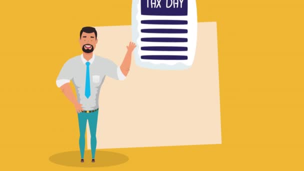 Animace daňového dne s podnikatelem a účtenkovým dokladem — Stock video