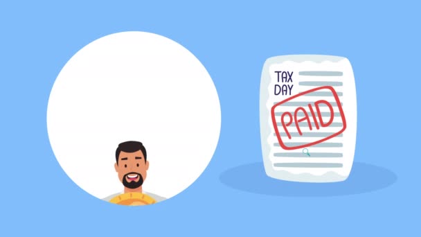 Анимация в день налогообложения с предпринимателем и квитанция — стоковое видео