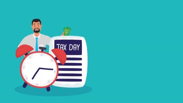 Анімація податкового дня з бізнесменом і будильником — стокове відео