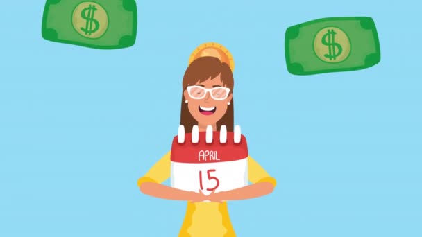 Animation du jour fiscal avec femme d'affaires et calendrier — Video