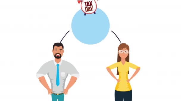 Animation zum Steuertag mit Geschäftspaar und Wecker — Stockvideo