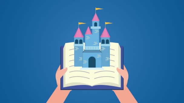 Всемирный день книги с руками и сказочный замок — стоковое видео