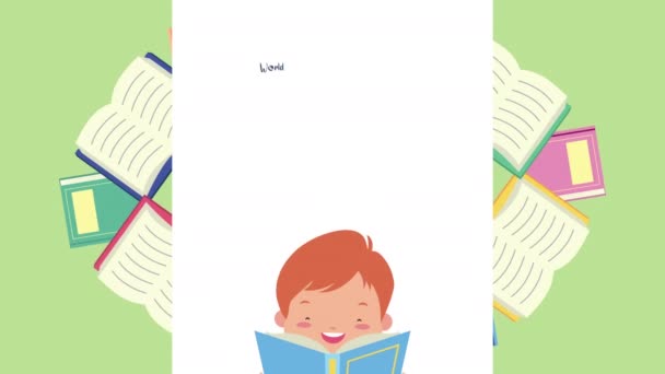 Celebración del día mundial del libro con lectura de niño — Vídeo de stock