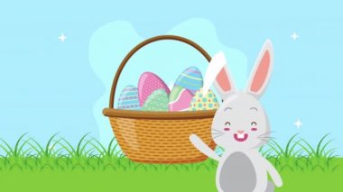 Mutlu Paskalya animasyon kartları sepette yumurtalar ve şirin tavşanlarla