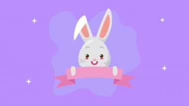 Tatlı tavşan ve kurdele çerçeveli mutlu Paskalya animasyon kartları