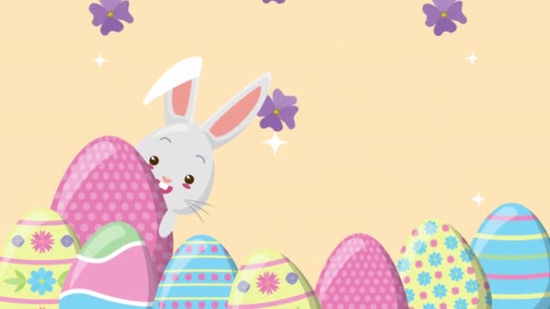 Frohe Ostern animierte Karte mit bemalten Eiern und Kaninchen — Stockvideo