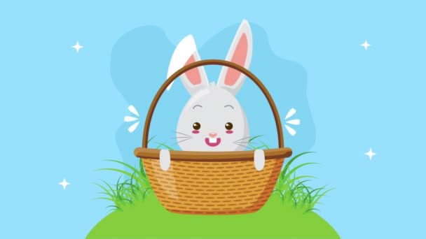 Happy easter animated card with cute rabbit in basket — Stock Video