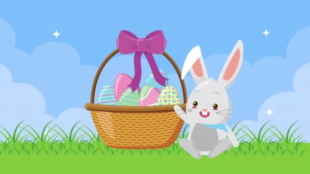バスケットに卵とかわいいウサギと幸せなイースターアニメーションカード — ストック動画
