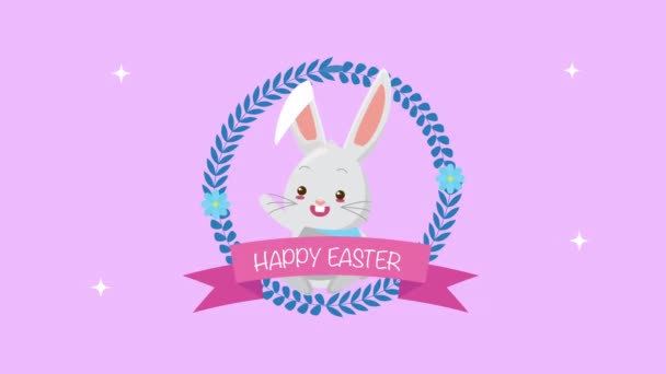 frohe Ostern animierte Karte mit niedlichen Kaninchen und Schleifenrahmen