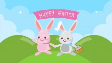 Mutlu Paskalya animasyon kartları, tarlada çiftler var.