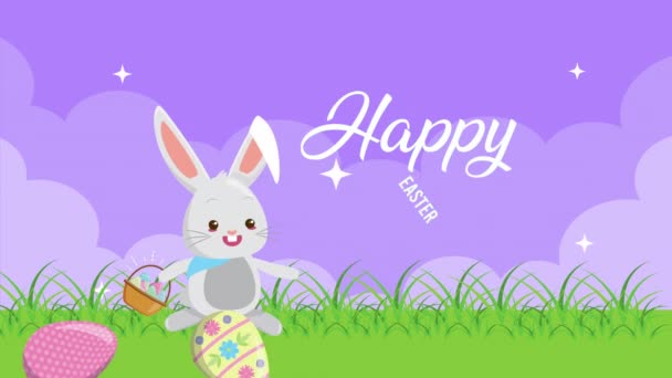 happy easter animated card with eggs painted in the field