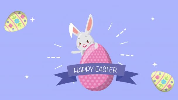 Happy easter animated card with cute rabbit and eggs painted — Stockvideo