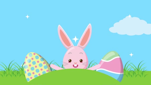 Feliz Páscoa cartão animado com ovos pintados no campo — Vídeo de Stock
