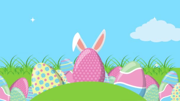 Happy easter animated card with eggs painted in the field — Stockvideo