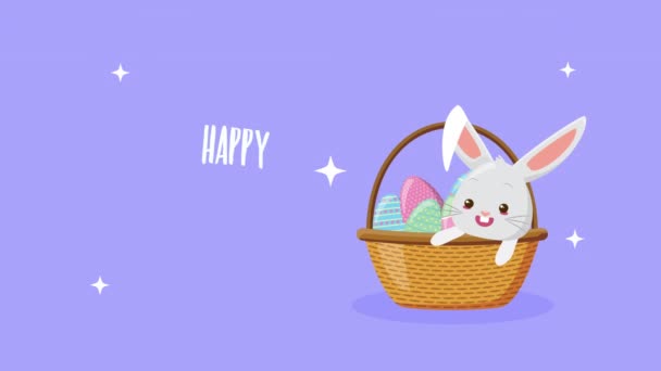 Happy easter animated card with rabbit in basket and eggs painted — Stock Video