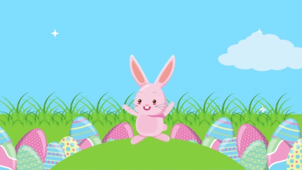 Happy easter animated card with eggs painted in the field — Stok video