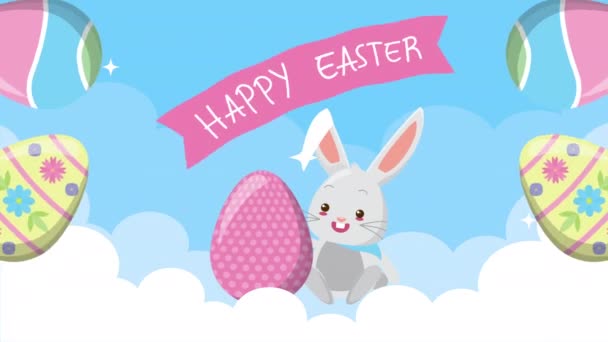 Счастливая пасхальная анимационная карта с милым кроликом и яйца окрашены — стоковое видео
