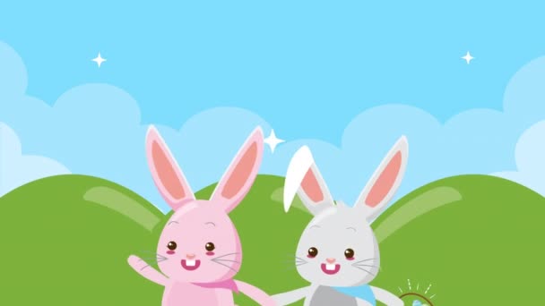 Счастливая пасхальная анимационная карта с кроликами пара в поле — стоковое видео