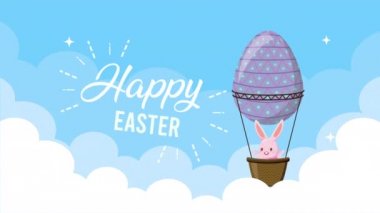 Yumurta boyalı balon içinde tavşan olan mutlu Paskalya animasyon kartları.