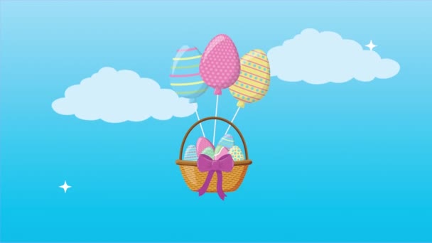 Пасхальная анимированная карта с яйцами в корзине, плавающими в воздушных шарах гелия — стоковое видео